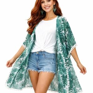 Bridesmaid Tropical Palm Leaf Kimono Beach Swim Cover-Up w/ Pom Pom Trim